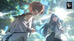  1boy 1girl absurdres backpack bag black_skirt blue_hair fang glasses grey_shirt hairband highres jacket long_hair looking_at_viewer official_art open_mouth orange_eyes outdoors red_hair round_eyewear school_uniform serpico_(zenless_zone_zero) shirt short_hair skirt sky smile sunlight tree truvia_(zenless_zone_zero) white_jacket yellow_eyes zenless_zone_zero 