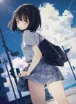  1girl ass_peek bag black_bag black_hair blue_sky blush clothes_lift cloud cloudy_sky commentary_request contrail cowboy_shot day dutch_angle grey_shirt grey_skirt heterochromia highres horizon kamizaki_hibana lens_flare lifting_own_clothes looking_back miniskirt mole mole_under_eye ocean original outdoors parted_lips plaid_clothes plaid_skirt pleated_skirt power_lines red_eyes school_bag school_uniform shirt shirt_tucked_in short_hair short_sleeves shoulder_bag skirt skirt_lift sky smile solo standing traffic_light turning_head utility_pole yellow_eyes 