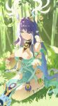  1girl absurdres aki_maple animal_on_shoulder antler_ornament antlers bare_shoulders bird bird_on_shoulder blue_eyes breasts cleavage closed_mouth commentary crystalfly_(genshin_impact) day deer_antlers dendro_symbol_(genshin_impact) dress fingernails gem genshin_impact grass green_gem hair_over_one_eye hand_up highres horns large_breasts lauma_(genshin_impact) long_hair looking_at_viewer on_ground outdoors pointy_ears purple_hair sitting sleeveless sleeveless_dress smile solo squirrel very_long_hair vision_(genshin_impact) yokozuwari 