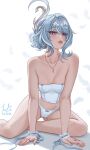  1girl absurdres artist_name ass_visible_through_thighs bare_shoulders blue_hair breasts closed_mouth collarbone commentary frilled_wrist_cuffs frills genshin_impact hair_between_eyes hair_ornament highres hotokeshiz jewelry lips medium_breasts necklace odette_(genshin_impact) panties purple_eyes short_hair sitting solo underwear white_panties white_wrist_cuffs wrist_cuffs 