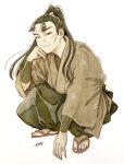  1boy bunbun_hop commentary_request full_body highres japanese_clothes kimono light_smile long_hair male_focus rakudai_ninja_rantarou sandals solo squatting tachibana_senzou traditional_media white_background 