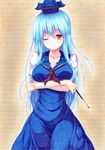  blue_dress blue_hair breasts cleavage colored_pencil_(medium) crossed_arms dress hat highres kamishirasawa_keine kittona large_breasts long_hair looking_at_viewer millipen_(medium) one_eye_closed red_eyes solo touhou traditional_media watercolor_pencil_(medium) 