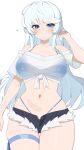  1girl absurdres bare_shoulders bikini bikini_under_clothes black_shorts blue_bikini blue_eyes breasts collarbone commission cowboy_shot crop_top cutoffs front-tie_top grin hand_up highres large_breasts long_hair looking_at_viewer micro_shorts midriff navel off-shoulder_shirt off_shoulder open_fly original shirt short_sleeves shorts simple_background skindentation smile solo stomach string_bikini swept_bangs swimsuit thick_thighs thigh_gap thigh_strap thighs w.k white_background white_hair white_shirt 