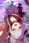  1girl black_hat braid breasts card club_(shape) commentary_request cursor desktop_(computing) diamond_(shape) diamond_facial_mark facial_mark hat hat_ornament heart heart_facial_mark highres honkai:_star_rail honkai_(series) japanese_clothes kimono light_blush long_hair looking_at_viewer lying mark_under_both_eyes medium_breasts mini_hat mini_top_hat multicolored_hair on_back open_mouth playing_card rabbit_hat_ornament red_eyes red_kimono red_streaks riu_twilight25 skirt smile solo sparkle_(honkai:_star_rail) sparxie_(honkai:_star_rail) streaked_hair teeth top_hat twintails upper_teeth_only upside-down white_hair white_skirt 