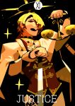  1boy arm_up balance_scale black_background blonde_hair brown_eyes brown_vest cape card_(medium) commentary_request english_text gold_trim hair_over_one_eye halo highres holding holding_balance_scale holding_sword holding_weapon long_sleeves looking_at_viewer male_focus nijisanji nogugera open_mouth roman_numeral short_hair simple_background sleeve_cuffs solo sparkle spiked_halo sword tarot tarot_(medium) upper_body vest virtual_youtuber warm_colors weapon weighing_scale white_cape yellow_halo 