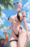  1girl arm_strap ass_visible_through_thighs bird black_slingshot_swimsuit breasts cinderella_(crystal_wave)_(nikke) cinderella_(nikke) eyewear_on_head goddess_of_victory:_nikke hair_bun hair_over_one_eye highres huge_breasts long_hair navel o-ring_slingshot_swimsuit official_alternate_costume penguin red_eyes sideboob silvertsuki slingshot_swimsuit smile stomach sunglasses swimsuit thigh_strap thighs white_hair wrist_flower 