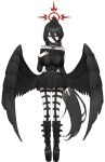  1girl absurdly_long_hair alternate_costume alternate_hairstyle bikini_visible_through_clothes black_boots black_nails black_shirt black_skirt black_wings blue_archive bodystocking boots breasts closed_mouth commentary covered_navel feathered_wings fishnet_bodystocking fishnets full_body goth_fashion hair_between_eyes halo hand_on_own_chest hasumi_(blue_archive) highres jewelry knee_boots large_breasts long_hair low_wings multiple_rings off-shoulder_shirt off_shoulder platform_boots pleated_skirt ponytail red_eyes red_halo ring romana shirt skirt smile solo very_long_hair white_background wings 