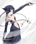  1girl absurdres arm_up ass back backless_outfit bare_back bare_shoulders black_hair black_kimono black_sleeves bleach blunt_bangs breasts clothing_cutout detached_sleeves from_behind highres hip_vent japanese_clothes kimono long_hair looking_at_viewer looking_back sash shikai shinigami short_hair_with_long_locks shoulder_blades sideboob sideless_kimono sideless_outfit simple_background small_breasts solo standing sui-feng suzumebachi_(shikai) white_background white_sash yogert_chip zanpakutou 