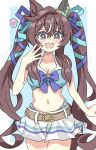 1girl :3 absurdres animal_ears bare_arms bare_shoulders belt bikini blue_bikini blue_bow blue_eyes blue_ribbon blush bow breasts brown_belt cleavage collarbone commentary_request ear_covers hair_between_eyes hair_ribbon heart highres horse_ears horse_girl horse_tail long_hair looking_at_viewer medium_breasts mole mole_under_eye multicolored_hair navel open_mouth ribbon single_ear_cover skirt smile solo spoken_heart stomach streaked_hair swimsuit tail twintails umamusume vivlos_(umamusume) white_skirt ziromaru765 