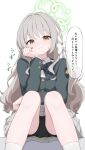  1girl absurdres black_shorts blue_archive blush bow braid brown_eyes brown_hair closed_mouth collared_shirt commentary_request green_bow green_halo green_jacket grey_skirt hair_bow halo head_rest highres jacket long_hair miyo_(blue_archive) shijima_(shijima_tc) shirt shorts shorts_under_skirt sitting skirt solo sweatdrop upskirt very_long_hair white_bow white_shirt 