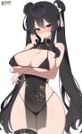  1girl absurdres areola_slip arm_under_breasts bare_arms bare_shoulders bikini black_bikini black_dress black_hair blush bow breasts china_dress chinese_clothes cleavage commission covered_navel covered_nipples cowboy_shot double_bun dress framed_breasts gold_trim hair_bow hair_bun hand_up highleg highleg_bikini highres large_breasts long_hair looking_at_viewer original pelvic_curtain red_eyes see-through_clothes see-through_dress simple_background skindentation sleeveless sleeveless_dress solo standing string_bikini swimsuit thick_thighs thigh_strap thighs twintails very_long_hair w.k white_background 