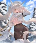  1girl absurdres armband bag black_armband black_pantyhose blanc_(fortune_express)_(nikke) blanc_(nikke) blue_sky blush boots breasts cloud coat crotch_seam fur-trimmed_boots fur-trimmed_collar fur-trimmed_sleeves fur_trim goddess_of_victory:_nikke hair_ornament handbag hat high-waist_pantyhose highres jacket long_hair looking_at_viewer medium_breasts navel no_pants official_alternate_costume one_eye_closed open_mouth outdoors panties panties_under_pantyhose pantyhose pom_pom_(clothes) pom_pom_hair_ornament seamed_legwear see-through_clothes see-through_pantyhose sky smile snow solo stomach teeth toramin_(tora_min_) tree twintails underwear v very_long_hair white_boots white_hair white_hat winter_clothes winter_coat yellow_eyes 