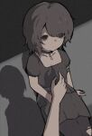  2girls arm_at_side arm_strap asou_misaki black_background black_collar black_pantyhose brown_dress brown_eyes brown_hair chain closed_mouth collar commentary_request dress expressionless fatal_frame fatal_frame:_mask_of_the_lunar_eclipse female_pov grey_background hand_on_lap looking_at_viewer multiple_girls nekokumatta official_alternate_costume pantyhose pov pov_hands reaching reaching_towards_another shadow short_sleeves sitting solo_focus torn_clothes torn_pantyhose tsukimori_madoka two-tone_background 