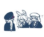  3girls :3 ahoge alternate_costume animal_ears beret braid chinese_commentary closed_eyes closed_mouth collared_shirt commentary_request earclip feathered_wings from_behind hair_between_eyes hand_up happy hat jacket kishin_sagume l_fzxxxx lapels long_hair long_sleeves looking_at_another low-braided_long_hair low-tied_long_hair military_hat military_jacket military_uniform multiple_girls necktie notice_lines one_eye_closed open_mouth peaked_cap rabbit_ears rabbit_girl ringo_(touhou) seiran_(touhou) shirt short_hair simple_background single_wing skewer smile sparkle touhou twin_braids upper_body v white_background wings 