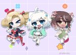  3girls ahoge blonde_hair blue_eyes bow braid brown_hair chibi colored_inner_hair curled_ends dark-skinned_female dark_skin densetsu.exe dress drill_hair drill_ponytail flower gloves green_dress grin hair_bow hair_flower hair_ornament heart heikevbo holding holding_microphone looking_at_viewer maid_headdress microphone mint_fantome multicolored_hair multiple_girls one_eye_closed open_mouth phoebe_(vtuber) pink_eyes pink_flower pointing polka_dot polka_dot_bow polka_dot_dress red_vest short_hair smile star_(symbol) thighhighs triangular_headpiece vest victoria_roman virtual_youtuber white_gloves white_hair white_thighhighs x_hair_ornament yellow_eyes 