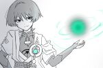 1boy aqua_eyes aqua_gem arm_at_side armor belt blunt_ends bodysuit bow bridal_gauntlets choppy_bangs closed_mouth commentary covered_collarbone ellypwakame316 feathers gem genshin_impact greyscale hair_intakes hand_up japanese_armor japanese_clothes juban kimono kote layered_sleeves male_focus mandarin_collar middle_ring monochrome open_clothes open_hand open_kimono parted_lips pom_pom_(clothes) rope sash scaramouche_(genshin_impact) short_sleeves shoulder_peek side_cape signature smirk solo spot_color tsurime upper_body vision_(genshin_impact) wanderer_(genshin_impact) white_background 