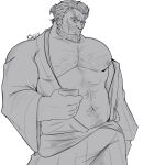  1boy bara beard broad_shoulders chest_hair connected_beard cup facial_hair facial_tattoo final_fantasy final_fantasy_xiv gosetsu_daito highres holding holding_cup light_smile male_focus mature_male monochrome muscular muscular_male nipples open_clothes open_shirt pectorals quietscrappy roegadyn samurai samurai_(final_fantasy) short_hair signature simple_background tattoo teacup white_background 