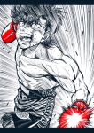  1boy abs attacking_viewer blood blood_from_mouth boxing boxing_gloves boxing_shorts commentary cowboy_shot flying_sweatdrops gloves hajime_no_ippo highres lee_(dragon_garou) letterboxed male_focus monochrome motion_lines muscular muscular_male open_mouth punching punching_viewer red_gloves sendou_takeshi shorts solo speed_lines spot_color sweat topless_male v-shaped_eyebrows 