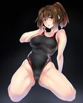  bad_id bad_twitter_id barefoot blush breasts brown_eyes brown_hair competition_swimsuit covered_nipples full_body hair_ribbon huge_breasts ise_(kantai_collection) kantai_collection kneeling one-piece_swimsuit open_mouth ponytail ribbon short_hair simple_background solo swimsuit ulrich_(tagaragakuin) 