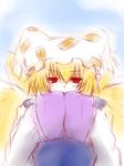  blonde_hair cal_can fox_tail hands_in_opposite_sleeves hat highres multiple_tails red_eyes short_hair solo tail touhou yakumo_ran 