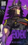 1girl adjusting_clothes adjusting_headwear animal_ears black_hair black_jacket black_shirt breasts character_name commentary_request copyright_name ears_through_headwear fenomeno_(black_flames_of_the_righteous_spirit)_(umamusume) fenomeno_(umamusume) flipped_hair gloves hat highres horse_ears horse_girl horseshoe_hat_ornament horseshoe_ornament jacket long_hair long_sleeves multicolored_hair outstretched_arm parted_lips peaked_cap purple_eyes purple_hair shirt umamusume usujio white_gloves 