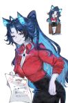  absurdres ahoge animal_ears black_hole black_skirt blue_eyes blue_hair breasts cat_ears cat_girl chibi chibi_inset cleavage collared_shirt colored_inner_hair colored_skin crossed_arms fufu_(vtuber) grey_skin harukami_2277 highres indie_virtual_youtuber large_breasts long_hair looking_at_viewer multicolored_hair office_lady pencil_skirt ponytail purple_pupils red_shirt shirt skirt smile star-shaped_pupils star_(symbol) symbol-shaped_pupils virtual_youtuber white_background 