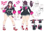  1girl :< :d absurdres ahoge ankle_socks arms_at_sides artist_name asymmetrical_hair backpack bag bare_legs birthday_girl_(triple-q) black_bag black_hair black_jacket blush bracelet breasts buttons cellphone character_profile cleavage closed_mouth commentary english_commentary english_text eyeshadow fingernails from_side full_body grin hair_ornament hair_tie has_bad_revision has_downscaled_revision heart highres holding holding_phone jacket jewelry knife_hair_ornament lanyard legs lightning_bolt_symbol logo long_fingernails long_hair long_sleeves looking_at_viewer low_ponytail makeup md5_mismatch medium_breasts multiple_expressions multiple_views neck_tattoo no_symbol original outstretched_arms paint paint_splatter parted_bangs phone pink_eyes pink_eyeshadow pink_lips pocket pointing_out_the_details ponytail red_shoes reference_sheet resolution_mismatch shoes silver_bracelet simple_background sketch smartphone smile socks source_smaller tattoo teeth thick_thighs thighs triple-q unworn_lanyard v-shaped_eyebrows variant_set white_background white_socks wide_hips zipper 