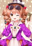  1girl :d ;d banknote blush bow coat commentary_request dress drill_hair earrings eyewear_on_head hat hat_bow highres holding holding_money jewelry long_hair looking_at_viewer money multiple_rings necklace one_eye_closed open_clothes open_coat open_mouth orange_eyes orange_hair pendant pink_coat pink_dress ring round_eyewear ruu_(tksymkw) smile solo sunglasses top_hat touhou twin_drills yorigami_jo'on 