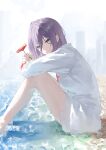  1girl absurdres beach blood blood_on_clothes blurry blurry_background chainsaw_man closed_mouth cloud cloudy_sky collarbone collared_shirt commentary_request eyelashes feet feet_out_of_frame fingernails flower green_eyes grenade_pin hair_between_eyes highres holding holding_flower looking_at_viewer medium_hair naked_shirt no_pants ocean outdoors purple_hair red_flower reze_(chainsaw_man) rissenka sand shallow_water shirt short_hair sitting sky solo torn_clothes torn_shirt torn_sleeves water white_shirt 