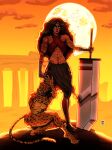  2girls abs absolute_dc absolute_wonder_woman arm_tattoo backlighting black_hair black_lips breasts cheetah_(absolute_dc) cheetah_girl circlet commentary commission criss-cross_halter dark-skinned_female dark_skin dc_comics english_commentary full_body full_moon furry greatsword halterneck hft_art highres holding holding_sword holding_weapon huge_weapon large_breasts loincloth long_hair moon multiple_girls muscular muscular_female navel orange_sky pelvic_curtain planted planted_sword sky sun sunset sword tail tattoo toned toned_female underboob weapon wonder_woman wonder_woman_(absolute_dc) wonder_woman_(series) 