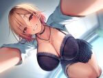 1girl absurdres barbell_piercing blonde_hair bra breasts choker dutch_angle ear_piercing from_below gradient_hair grin gyaru highres hugging_viewer indoors industrial_piercing jewelry lace lace-trimmed_bra lace_bra lace_trim large_breasts looking_at_viewer mole mole_on_breast multicolored_hair nanafuton necklace onee_gyaru original piercing plaid_clothes plaid_skirt pleated_skirt red_eyes shirt short_hair skirt smile solo thigh_strap underwear variant_set voice_drama_available white_shirt 