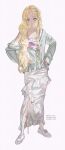  1girl ankle_socks balletcore blonde_hair blue_eyes camisole closed_mouth commentary frilled_camisole frilled_skirt frills full_body grey_jacket hair_over_shoulder hands_on_own_hips highres jacket long_hair long_sleeves looking_at_viewer original oto1_030 partially_unzipped pearl_hair_ornament pink_camisole shoes simple_background single_off_shoulder skirt sleeves_past_wrists socks solo spaghetti_strap untranslatable_commentary white_background white_shoes white_skirt white_socks 