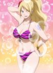  1girl absurdres arm_up bikini blonde_hair blue_eyes breasts cleavage fairy_tail flower front-tie_top heart high_resolution highres jenny_realight jewelry long_hair navel one_eye_closed screencap smile solo stitched swimsuit underboob very_high_resolution wink 