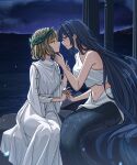  2girls black_hair blue_eyes brown_eyes brown_hair commentary_request dress eye_contact fang fffteam hair_ornament highres holding_another's_wrist holding_hands horizon interlocked_fingers laurel_crown light_particles long_hair looking_at_another merfolk mermaid monster_girl multiple_girls night oumi_shiori outdoors profile short_hair skin_fang watashi_wo_tabetai_hitodenashi white_dress yaotose_hinako yuri 