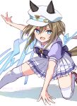  1girl 96mubi animal_ears blue_eyes blush bow bowtie breasts brown_hair brown_shoes cheval_grand_(umamusume) commentary_request ear_covers ears_through_headwear hair_between_eyes hat hat_belt highres horse_ears horse_girl horse_tail looking_at_viewer medium_breasts multicolored_hair open_mouth pleated_skirt puffy_short_sleeves puffy_sleeves purple_bow purple_bowtie purple_shirt sailor_collar sailor_shirt school_uniform shirt shoes short_hair short_sleeves skirt smile solo streaked_hair summer_uniform tail thighhighs tracen_school_uniform umamusume white_hair white_hat white_sailor_collar white_skirt white_thighhighs 