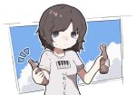  1girl blue_eyes blue_sky border brown_hair closed_mouth clothes_writing cloud commentary_request fatal_frame fatal_frame:_mask_of_the_lunar_eclipse food hands_up holding holding_food light_smile looking_at_viewer minazuki_ruka nekokumatta notice_lines outside_border papico_(ice_cream) print_shirt shirt short_hair short_sleeves sky solo sweat translated upper_body white_border white_shirt 