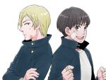  2boys bandaged_hand bandages bandaid bandaid_on_cheek bandaid_on_chin bandaid_on_face bandaid_on_finger bandaid_on_forehead bandaid_on_hand black_eyes black_hair blonde_hair clenched_hands commentary_request dirty dirty_face haibara_yu highres jacket jujutsu_kaisen jujutsu_tech_uniform male_focus mikey_uo multiple_boys nanami_kento open_clothes open_jacket open_mouth school_uniform shirt smile white_shirt 