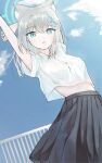  1girl absurdres animal_ear_fluff animal_ears arms_behind_head black_skirt blue_archive blue_eyes blue_halo blush collared_shirt commentary earrings extra_ears grey_hair halo hand_on_own_arm highres jewelry looking_at_viewer medium_hair midriff_peek open_mouth pleated_skirt shiroko_(blue_archive) shirt short_sleeves skirt solo stud_earrings topgu white_shirt wolf_ears wolf_girl 