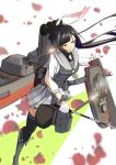  1girl absurdres baton_(weapon) black_hair black_thighhighs boots commentary_request corset full_body gradient_ribbon green_neckerchief grey_boots grey_corset grey_sailor_collar grey_skirt hair_ribbon hanazuki_(kancolle) highres kantai_collection long_hair neckerchief pleated_skirt ribbon rigging sailor_collar school_uniform serafuku skirt smokestack solo tastas thighhighs two-tone_shirt type_96_aa_gun weapon 