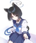  1girl animal_ear_fluff animal_ears black_eyes black_hair blue_archive blue_halo blush breasts cat_ears cat_girl cat_tail colored_inner_animal_ears commentary_request gradient_tail halo highres kikyou_(blue_archive) looking_at_viewer multiple_tails nabu_(uvwe5577) pulling_another's_clothes school_uniform serafuku short_hair sitting skirt solo tail two_tails white_background 