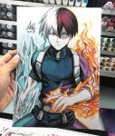  1boy art_tools_in_frame artist's_hand_in_frame blue_eyes boku_no_hero_academia brown_eyes burn_scar closed_mouth commentary cryokinesis english_commentary fire heterochromia looking_at_viewer male_focus marker_(medium) multicolored_hair photo_(medium) pyrokinesis red_hair scar scar_on_face signature solo split-color_hair stanley_lau sweater todoroki_shoto traditional_media turtleneck turtleneck_sweater two-tone_hair white_background white_hair 