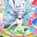  1girl argyro_(monmusu_td) artist_request balloon blue_buruma blue_eyes blue_hairband breasts buruma dragon_girl dragon_horns dragon_tail dragon_wings flag glasses gun hairband holding holding_gun holding_weapon horns large_breasts monster_musume_td multiple_wings navel official_alternate_costume official_art open_mouth shirt shoes solo sports_festival starting_pistol tail thighhighs underboob weapon white_hair white_shirt white_shoes white_thighhighs white_wings wings 