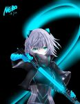  1girl animal_ears artist_name black_bodysuit black_jacket blue_eyes blue_gloves bodysuit commentary_request cropped_jacket dated fake_animal_ears gloves grey_hair hair_ornament holding holding_sword holding_weapon icey icey_(game) jacket nero_(user_frsz7384) sheath solo sword unsheathing weapon 