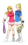  2girls blonde_hair blue_shirt catgirl0926 commentary_request full_body genderswap genderswap_(mtf) idolmaster idolmaster_side-m ijuuin_hokuto looking_at_viewer maita_rui multiple_girls pink_shirt polo_shirt racket revision shirt shoes simple_background skirt smile sneakers socks tennis_racket white_background white_shoes white_skirt white_socks 