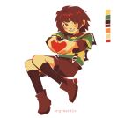  1other androgynous blush_stickers brown_hair brown_shoes brown_shorts brown_socks chara_(undertale) color_guide commentary crythartic english_commentary green_sweater heart highres looking_at_viewer other_focus red_soul_(utdr) shoes shorts simple_background smile socks soul_(utdr) striped_clothes striped_sweater sweater two-tone_sweater undertale utdr_(toby_fox) white_background 
