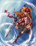  2012 armor barefoot braid fighting_stance fingerless_gloves freckles gloves les_chevaucheurs loincloth long_hair maxa' midriff navel orange_eyes orange_hair phenice_walholl polearm scar spear thighhighs toeless_legwear vambraces weapon 