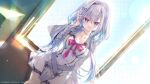  1girl 9-nine- :d adjusting_hair backlighting belt blue_eyes blue_sky blush bow bowtie breasts buttons choker collarbone copyright_notice cowboy_shot day diamond_hair_ornament double-breasted dress dutch_angle eyelashes eyes_visible_through_hair frilled_sleeves frills game_asset glint grey_belt grey_hair hair_between_eyes hair_ornament hakusen_academy_school_uniform hand_up highres indoors izumi_tsubasu kisaragi_yuna_(9-nine-) large_breasts lens_flare long_hair long_sleeves looking_at_viewer official_art open_mouth pink_bow pink_bowtie pleated_dress promotional_art school_uniform short_dress sidelocks single_hair_intake sky smile solo sunlight tsurime very_long_hair white_choker white_dress wide_sleeves window 