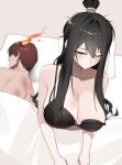  1boy 1girl absurdres after_sex bite_mark bite_mark_on_breast bra breasts burning burning_hair commentary fire hair_bun highres husband_and_wife implied_after_sex large_breasts library_of_ruina long_hair lowell_(project_moon) morning_after noto12_34 one_eye_closed project_moon red_eyes red_hair scratches shirt sleepy underwear underwear_only untranslatable_commentary very_long_hair waking_up xiao_(project_moon) 