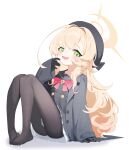  1girl :3 absurdres arm_support ass beret black_bow black_gloves black_hat black_overskirt black_pantyhose black_serafuku blonde_hair blue_archive blush bow commentary_request curly_hair electricline feet foot_on_own_foot from_side full_body gloves green_eyes grey_jacket hair_between_eyes halo hand_on_ground hand_to_own_mouth hat hat_bow high-waist_skirt highres jacket knees knees_up lapels long_hair long_sidelocks looking_at_viewer loose_hair_strand necktie no_shoes open_clothes open_jacket open_mouth pantyhose pinky_out pleated_skirt professor_niyaniya_(blue_archive) raised_eyebrows red_necktie school_uniform serafuku sidelocks sideways_glance simple_background skirt smile solo suit_jacket thighs toes very_long_hair white_background white_skirt yellow_halo 
