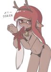  1boy bell bikini black_bikini blush bound bound_wrists collar commentary_request crossdressing crossdressing_(mtf) dark-skinned_male dark_skin fake_antlers inkling inkling_boy inkling_player_character long_hair looking_at_viewer male_focus micro_bikini mole mole_under_mouth mouth_hold nao_(pixiv92881824) navel neck_bell nine_(bepe) pointy_ears red_collar red_eyes red_hair ribbon ribbon_in_mouth side-tie_bikini_bottom simple_background sketch solo splatoon_(series) sweat swimsuit tentacle_hair thighs translation_request trap white_background 
